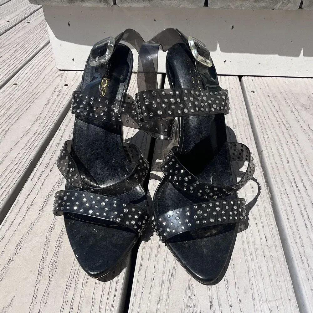 bebe Black Studded Strappy Open Toe Stiletto Heels Buckle Accent US 10